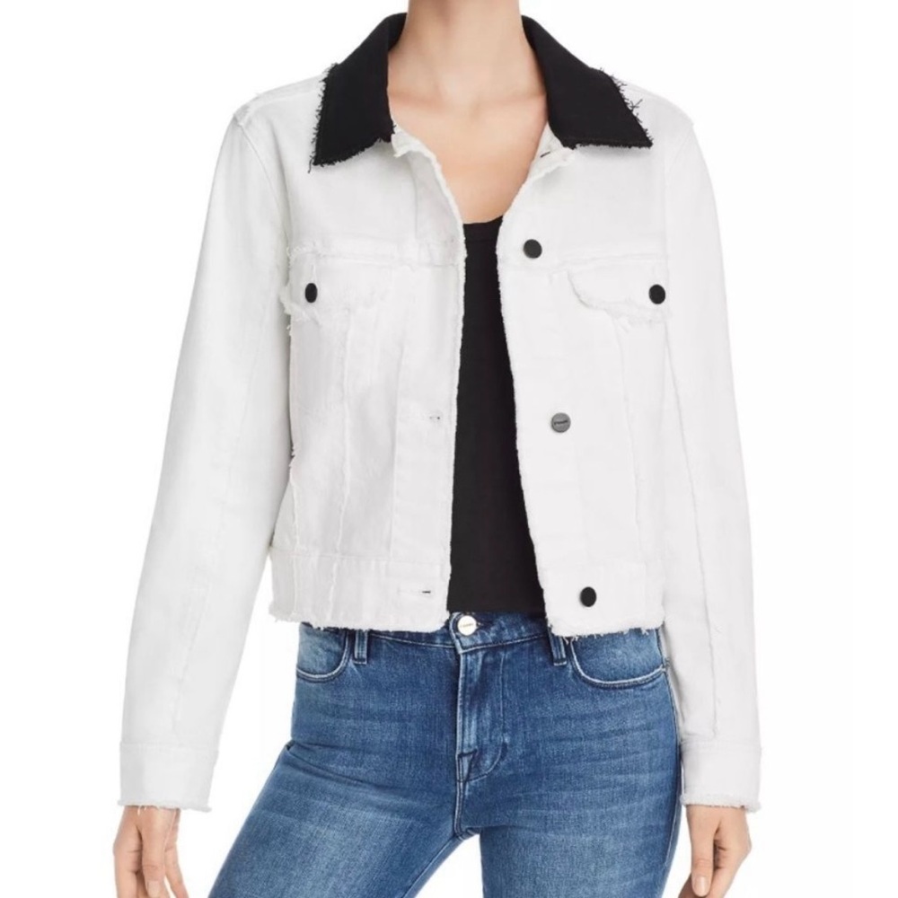 Frame Block Denim Jacket Contrast Collar XS White Black Raw Hem